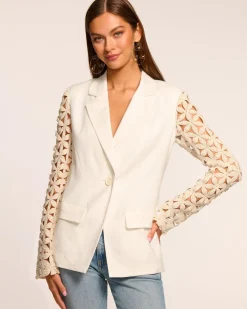 Clearance - Kelsey Embellished Linen Blazer - White Floral Blazers