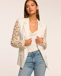 Clearance - Kelsey Embellished Linen Blazer - White Floral Blazers