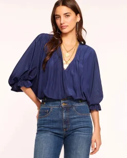 Sale - Vina V Neck Blouse - Navy Blouses