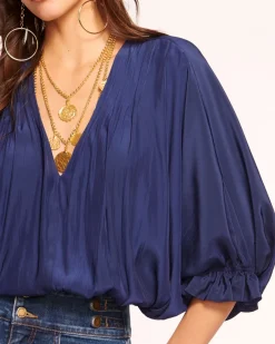 Sale - Vina V Neck Blouse - Navy Blouses