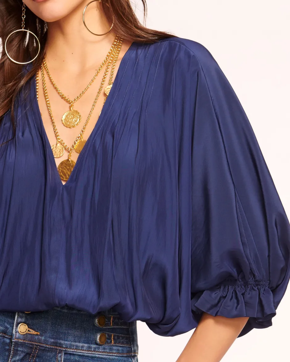 Sale - Vina V Neck Blouse - Navy Blouses