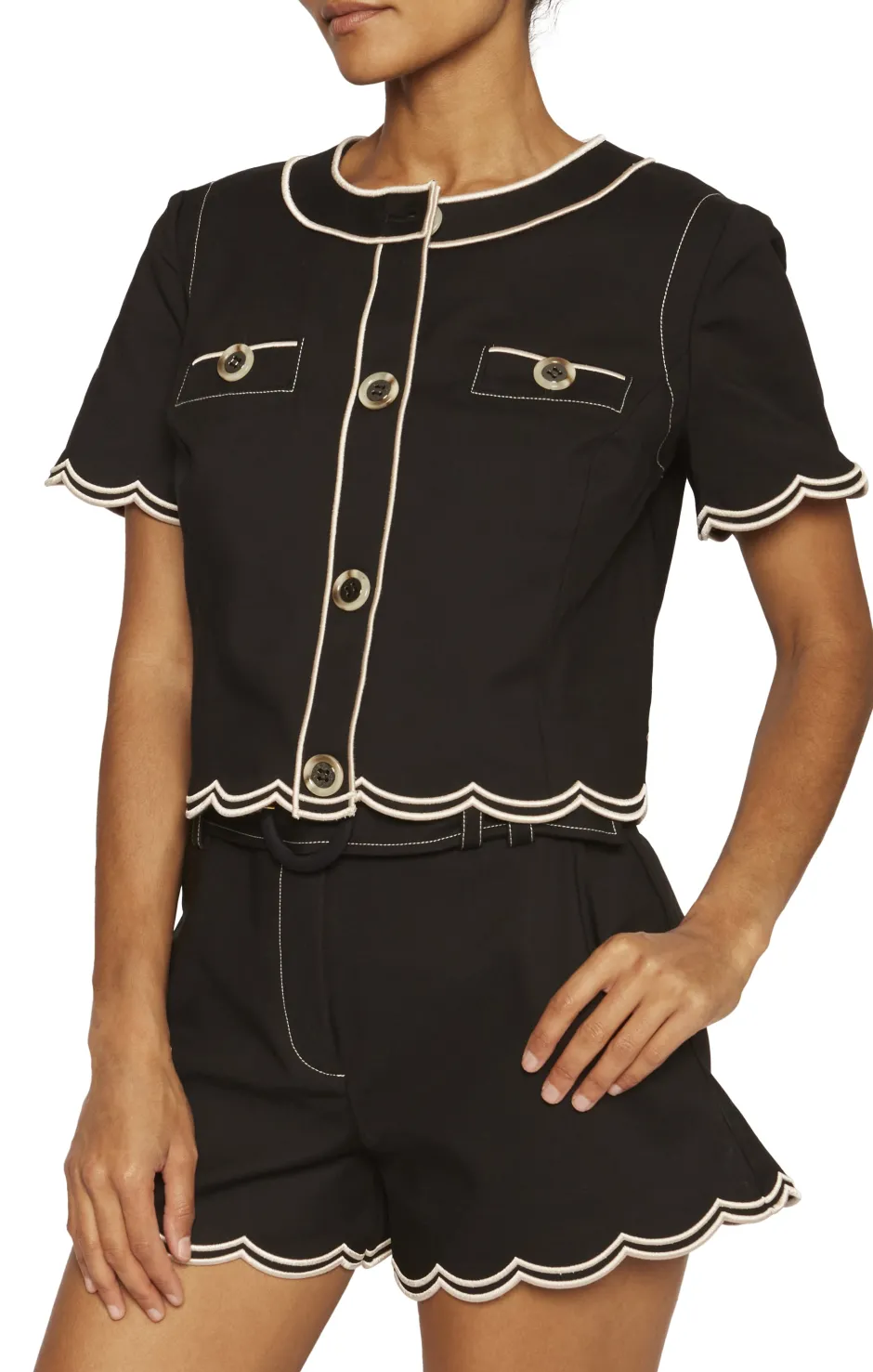 Online - Violeta Stretch Cotton Scalloped Mini Short - Black Shorts