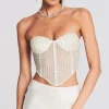Online - Margery Embellished Bustier Top - White Crop Tops