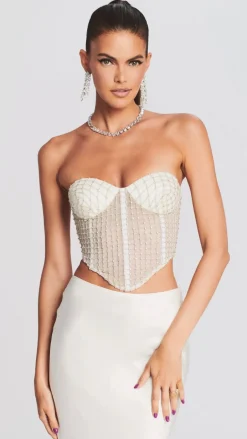 Online - Margery Embellished Bustier Top - White Crop Tops