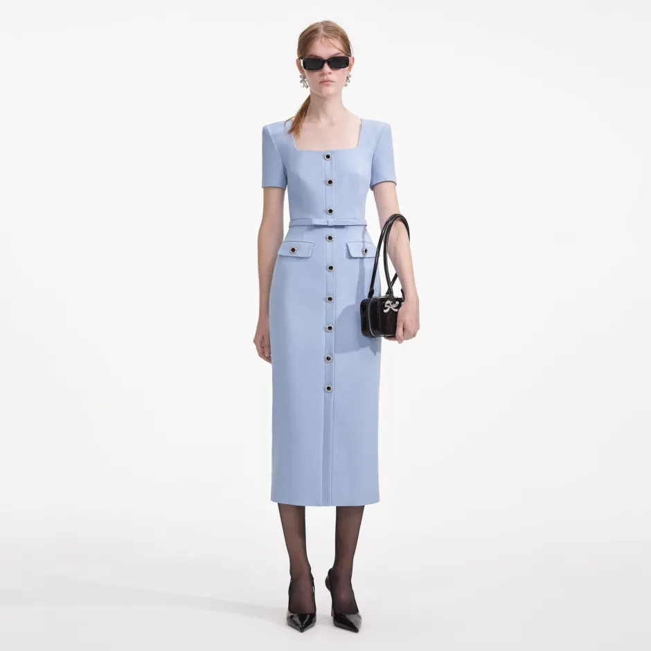 Hot - Crepe Button Midi Dress - Blue Midi | Midi Dresses