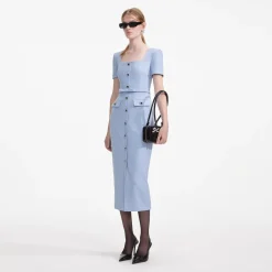 Hot - Crepe Button Midi Dress - Blue Midi | Midi Dresses
