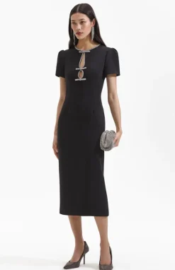 Fashion - Crepe Diamante Bow Midi Dress - Black Dresses | Midi