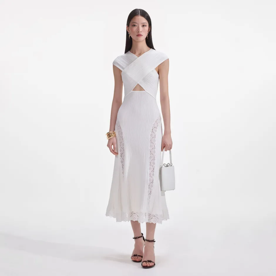 Discount - Knit Lace Insert Midi Dress - White Midi | Midi Dresses