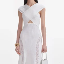 Discount - Knit Lace Insert Midi Dress - White Midi | Midi Dresses