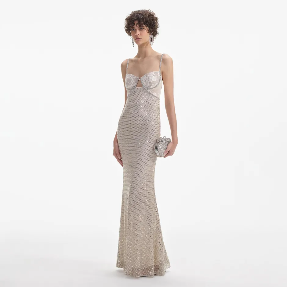 Best - Rhinestone Mesh Maxi Dress - Cream Dresses | Long Dresses