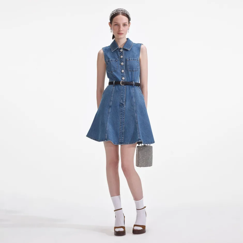 New - Sleeveless Pearl Mini Dress - Denim Mini Dresses | Dresses