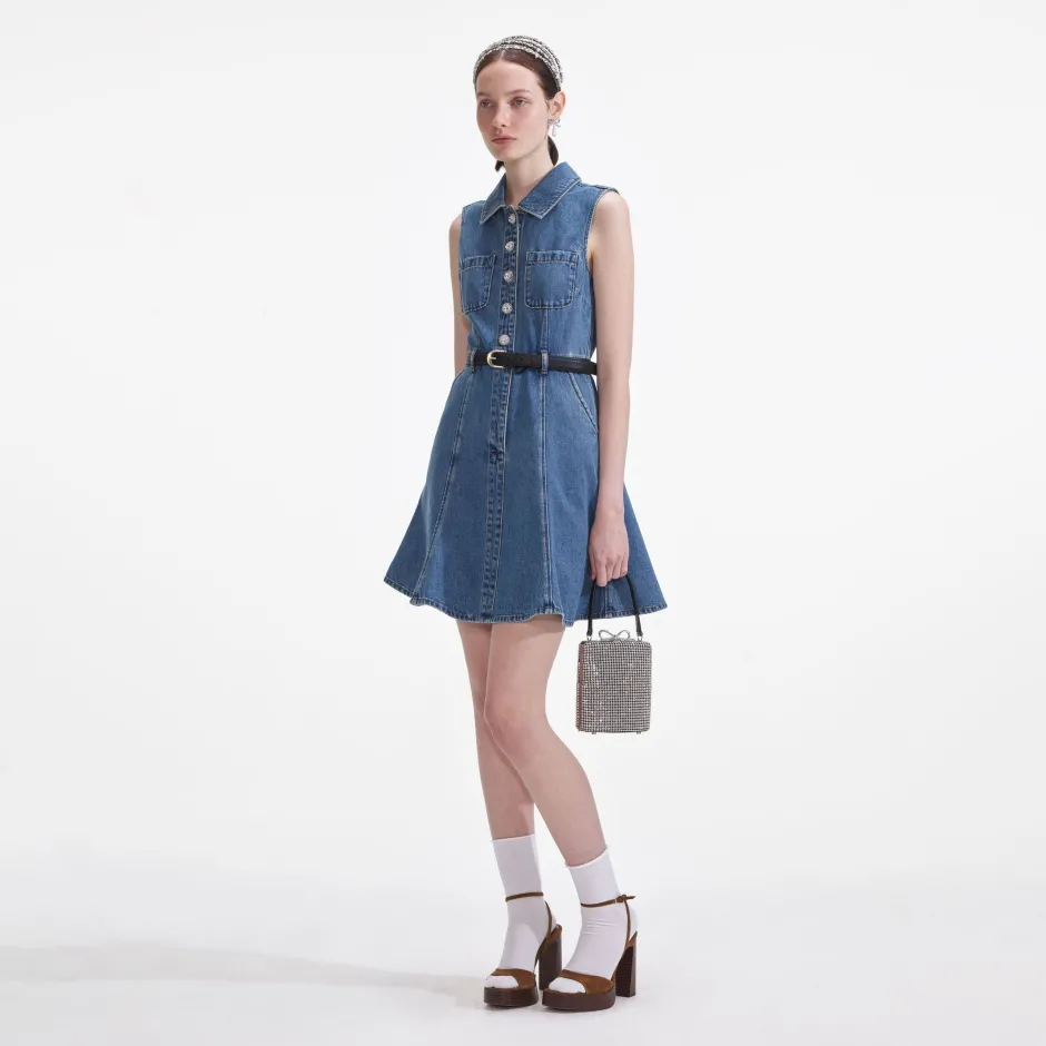 New - Sleeveless Pearl Mini Dress - Denim Mini Dresses | Dresses