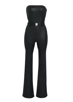 Clearance - Vice Coated Denim Slim Flare Jumpsuit - Coated Black Flare | Pants Jumpsuits