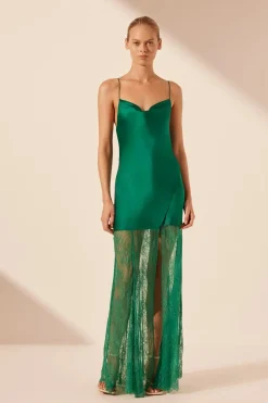 New - Elle Silk Lace Cowl Maxi Dress - Emerald Green Dresses | Long Dresses