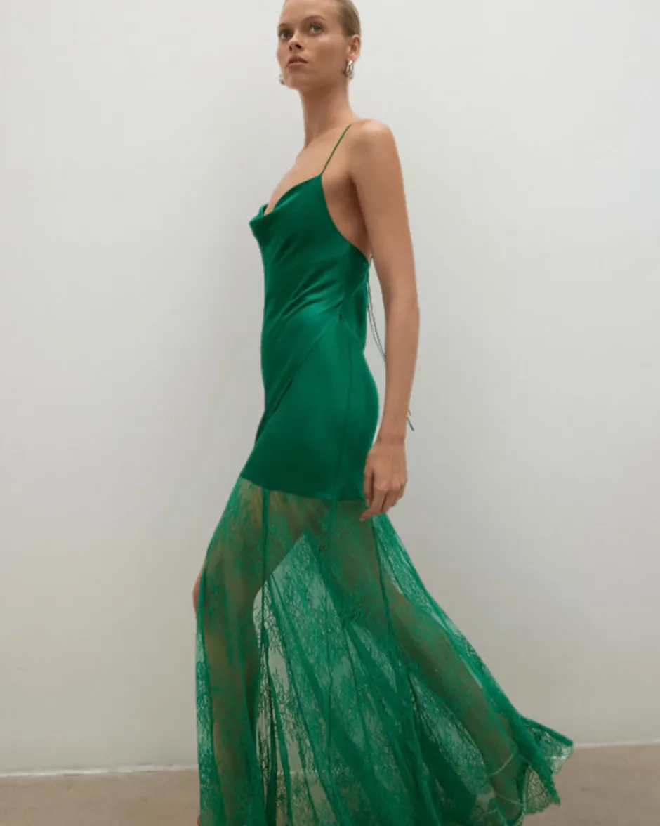 New - Elle Silk Lace Cowl Maxi Dress - Emerald Green Dresses | Long Dresses