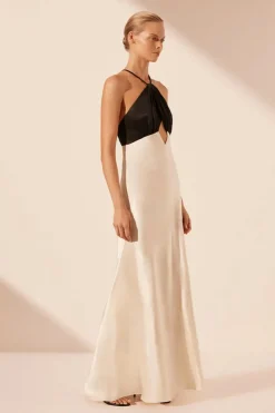 Clearance - Lino Cross Back Halter Maxi Dress - Cream/Black Dresses | Long Dresses