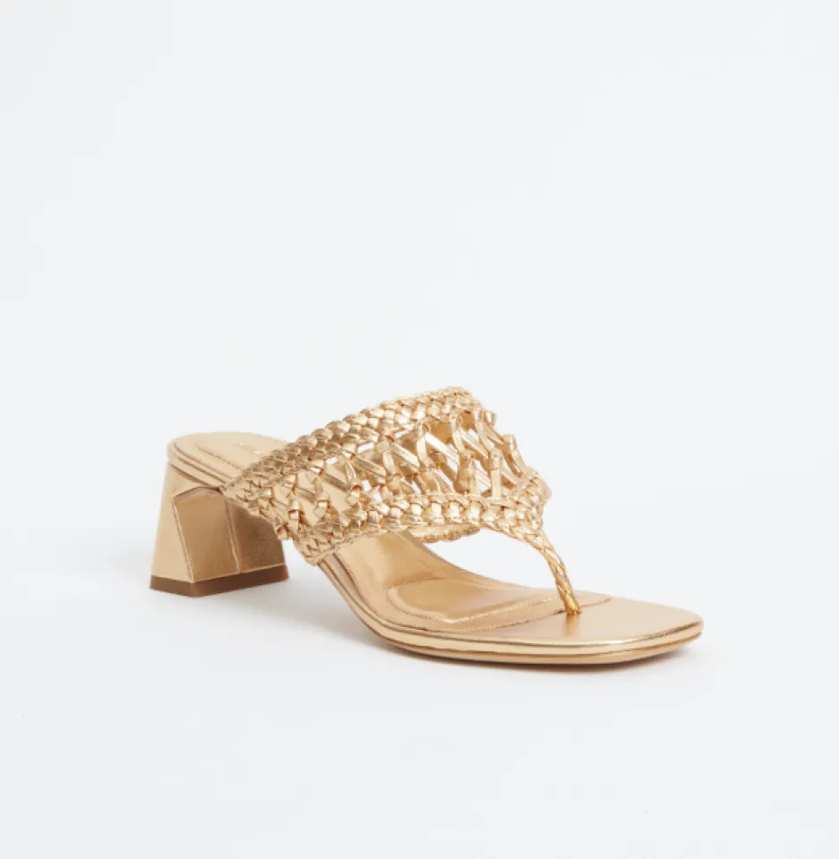 Outlet - Alia Woven Block Heel Sandal - Gold Shoes