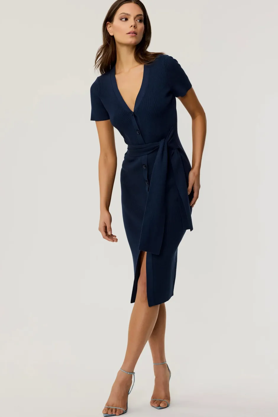 Sale - Agnes Tie Front Dress - Navy Midi | Midi Dresses