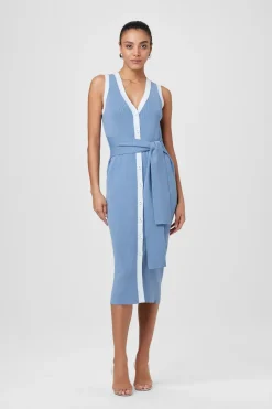 Fashion - Victoria Knit Tie Front Dress - Steel Blue/Ice Blue Midi | Midi Dresses