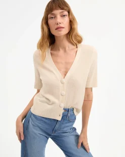 New - Solene Short Sleeve Cashmere Cardigan - Ivory Sweaters & Knits